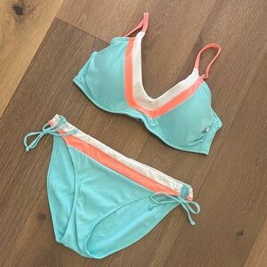 La Vie En Rose Women’s Colorblock Bikini Set - Aqua with Coral & White